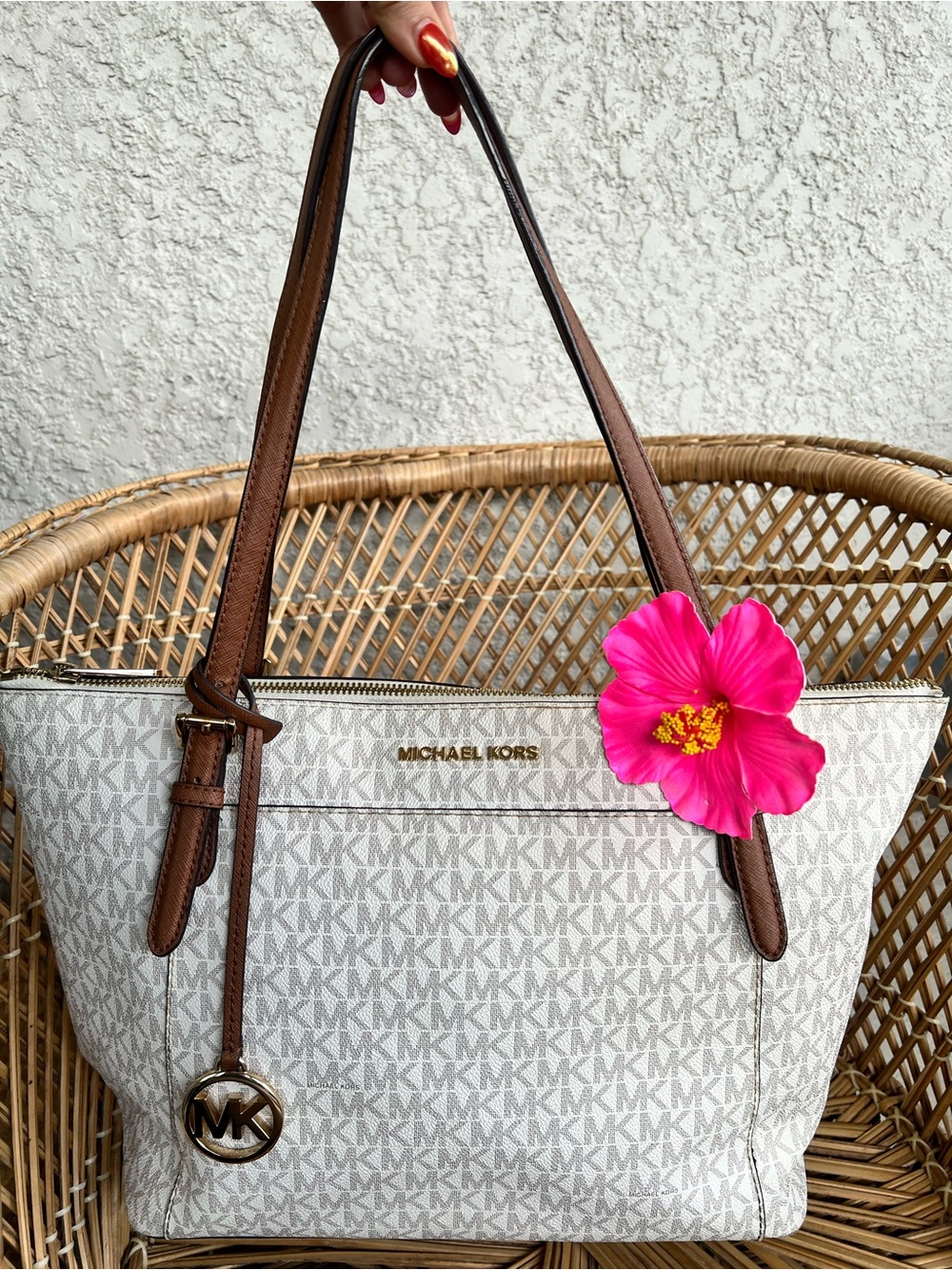 Michael Kors White Signature MK Tote with Brown Leather Straps